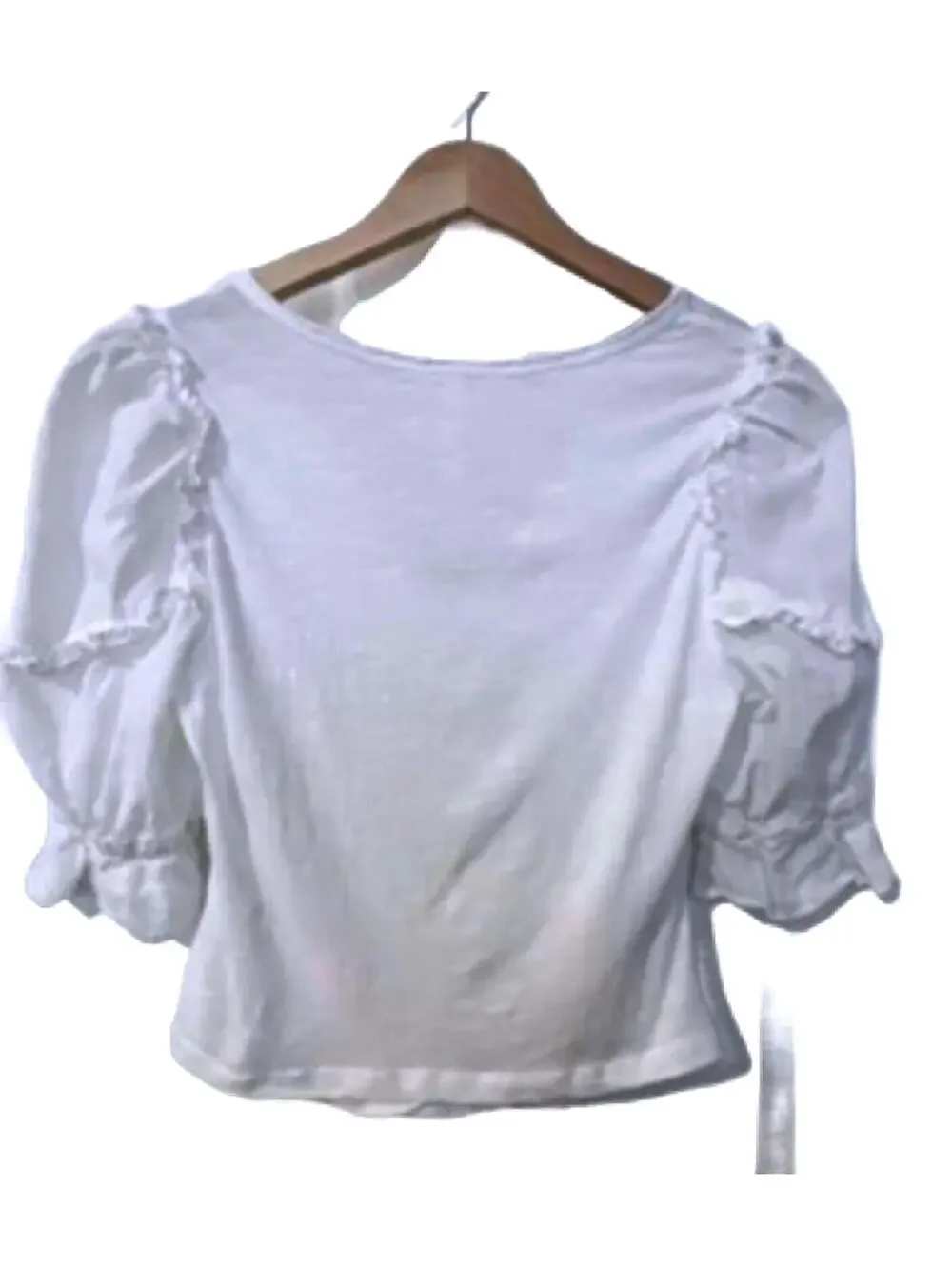 By Anthropologie White Ruched Front Blouse Ruffle Puff Sleeve Top Size S